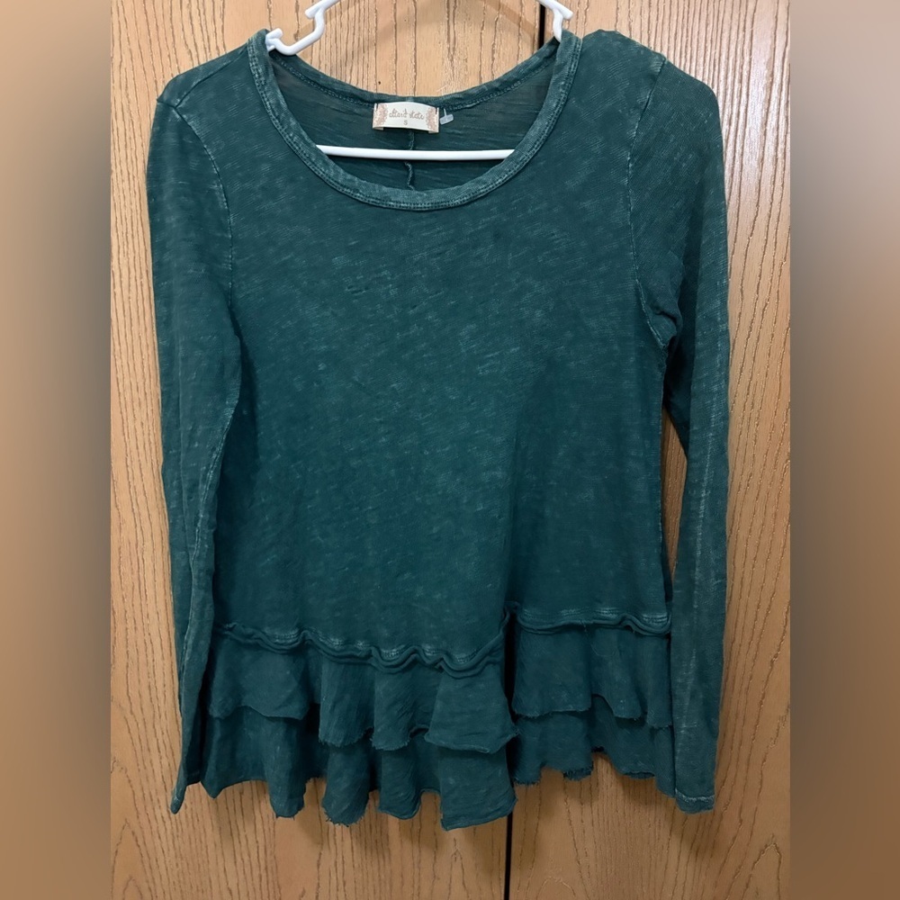 Altar'd State Teal Ruffle Long Sleeve Top with Distressing